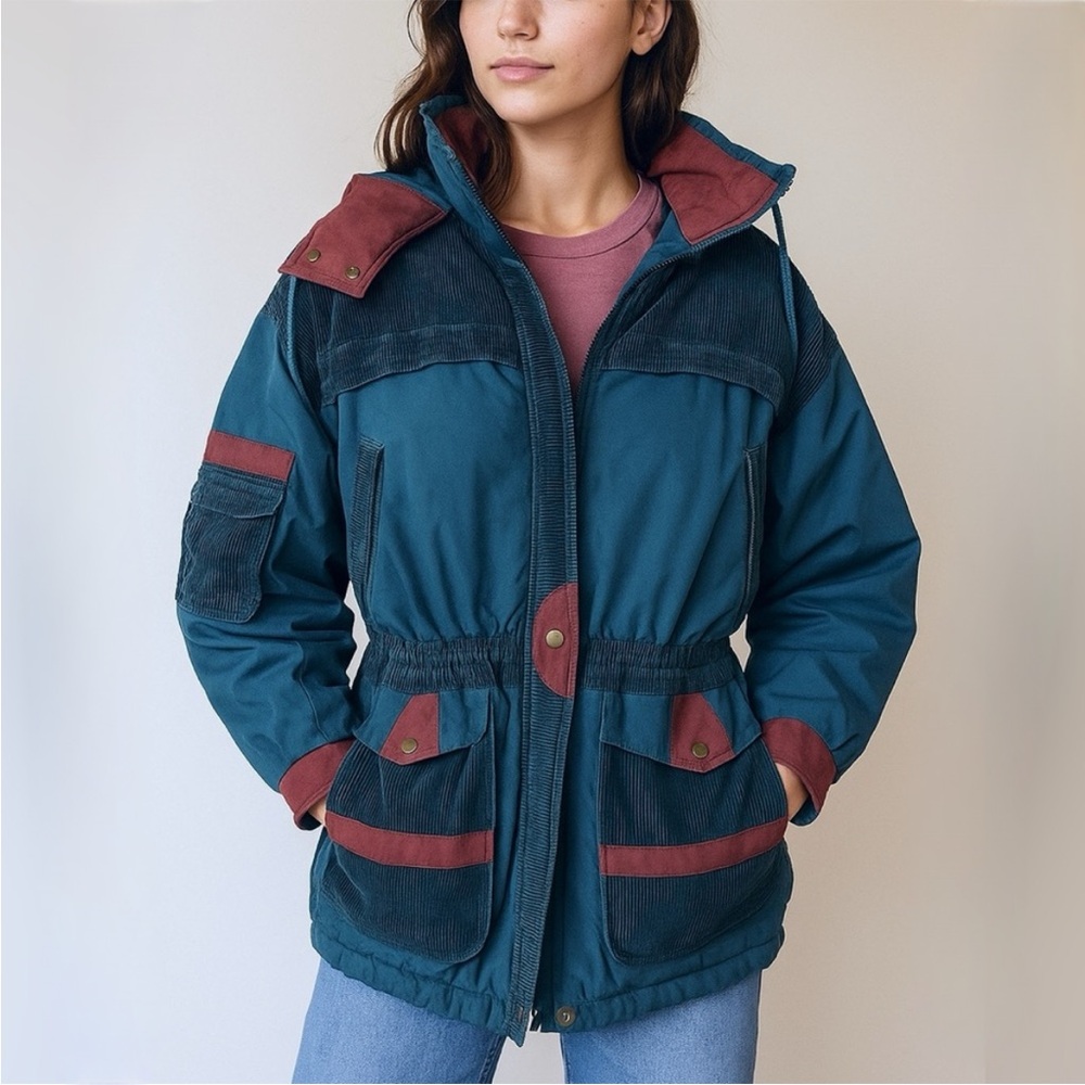 Vtg 80s London Fog Teal Corduroy & Nylon Retro Ski Coat Size Youth L (14)